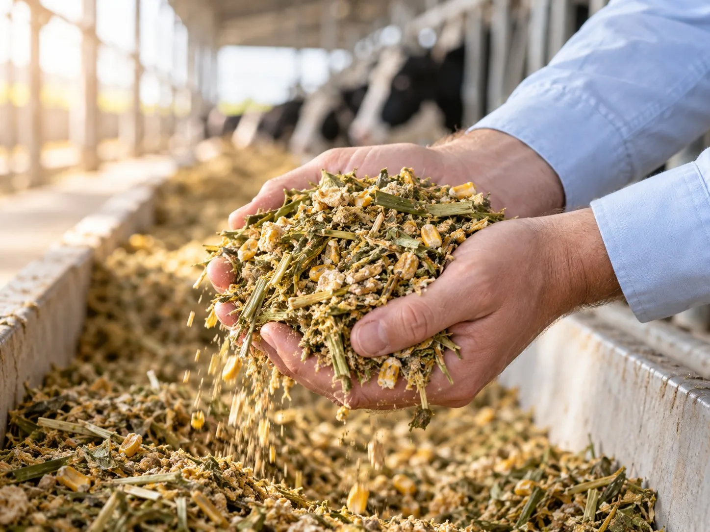 Hands holding a scoop of fresh mixed dairy feed ration above the feed trough