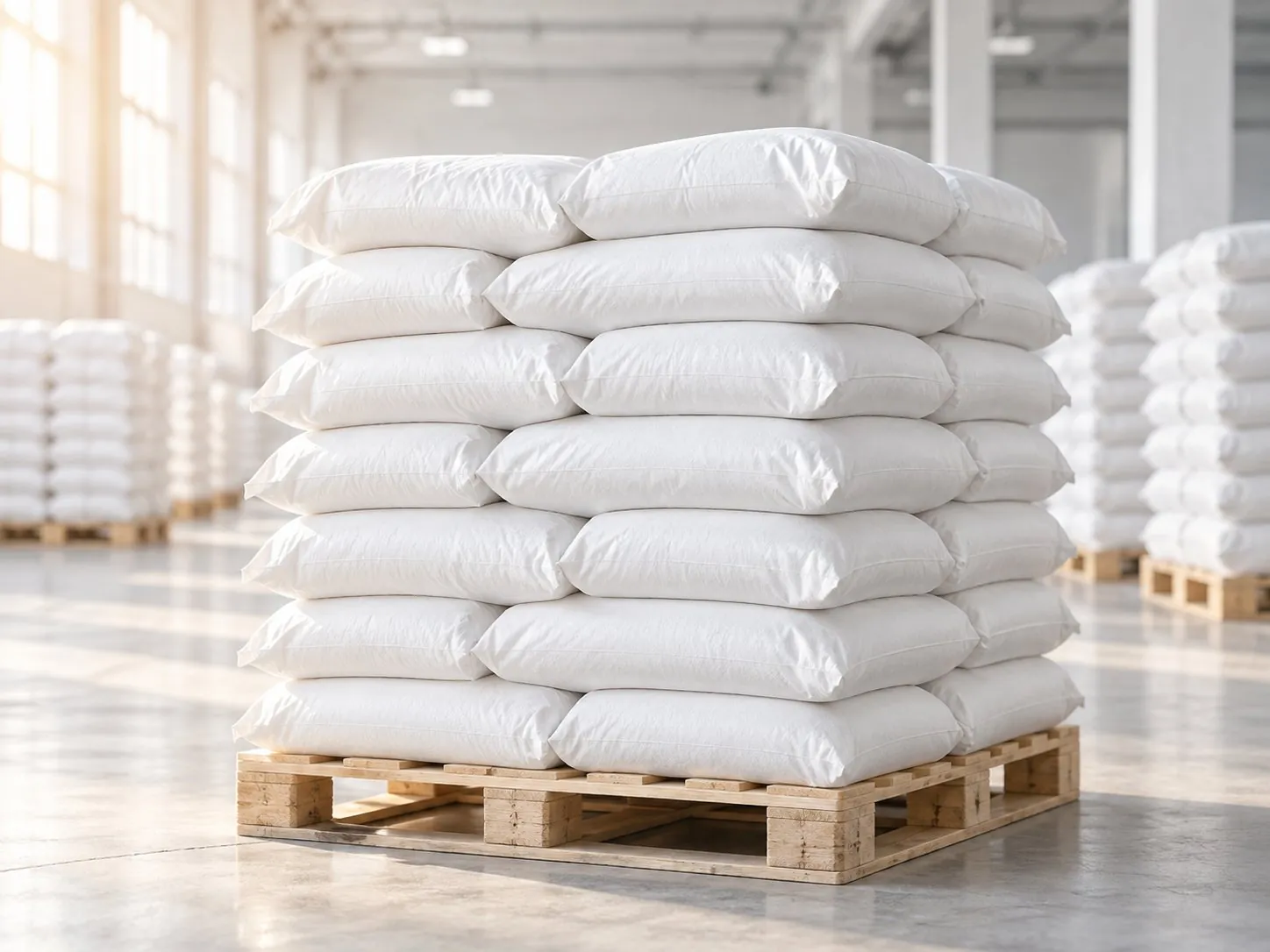 Palletised white bags of product in a bright, clean warehouse