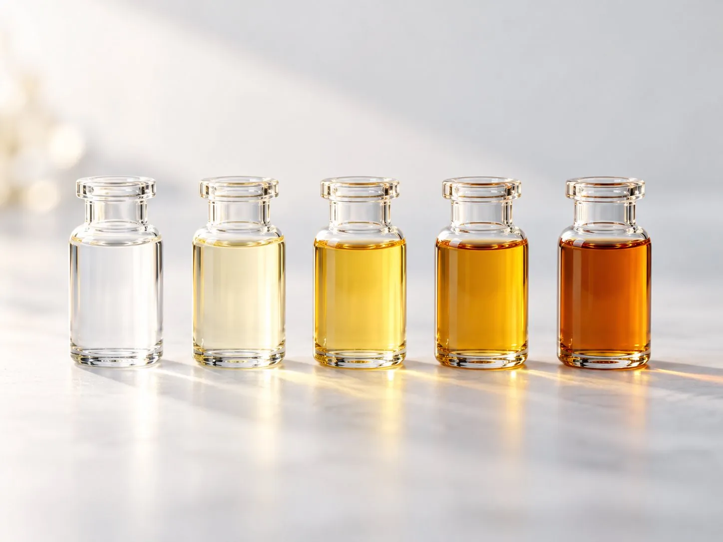 Clear glass vials of fatty acids graded from water-clear to deep amber