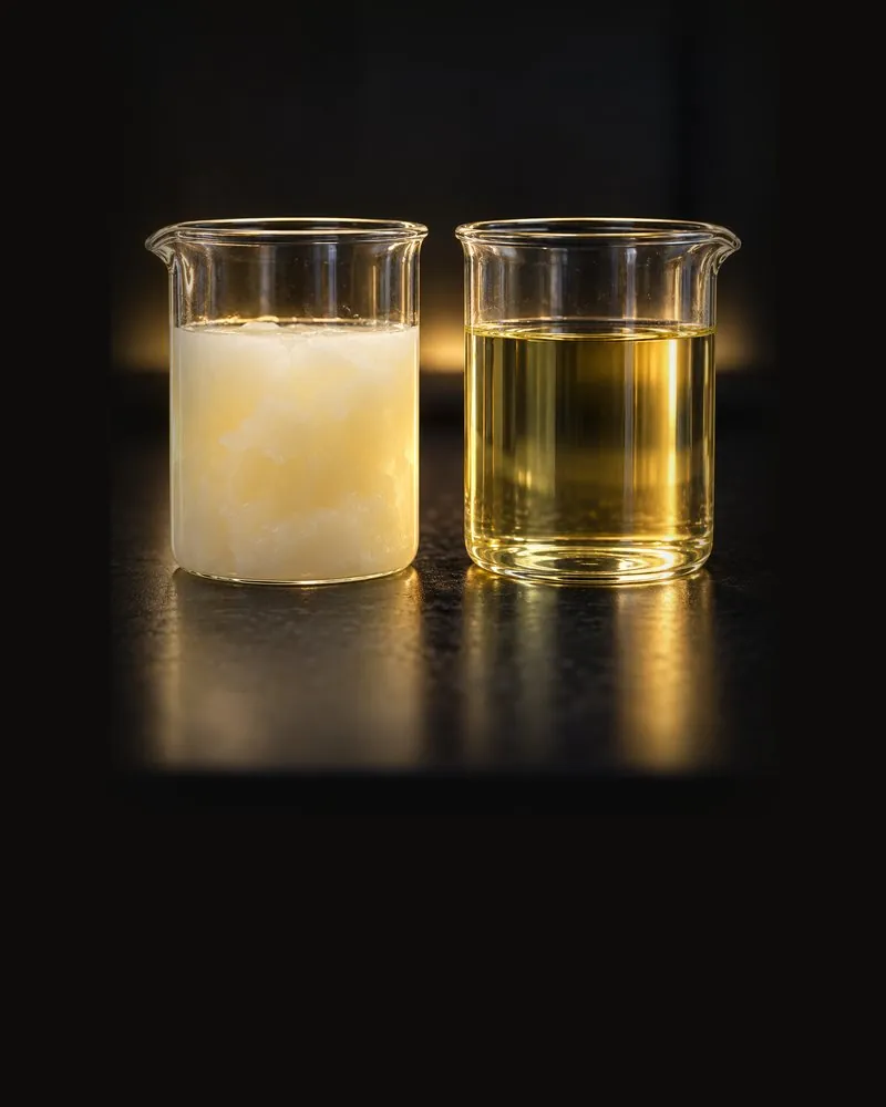 Two beakers: cloudy tallow-based fatty acid beside clear plant-based fatty acid
