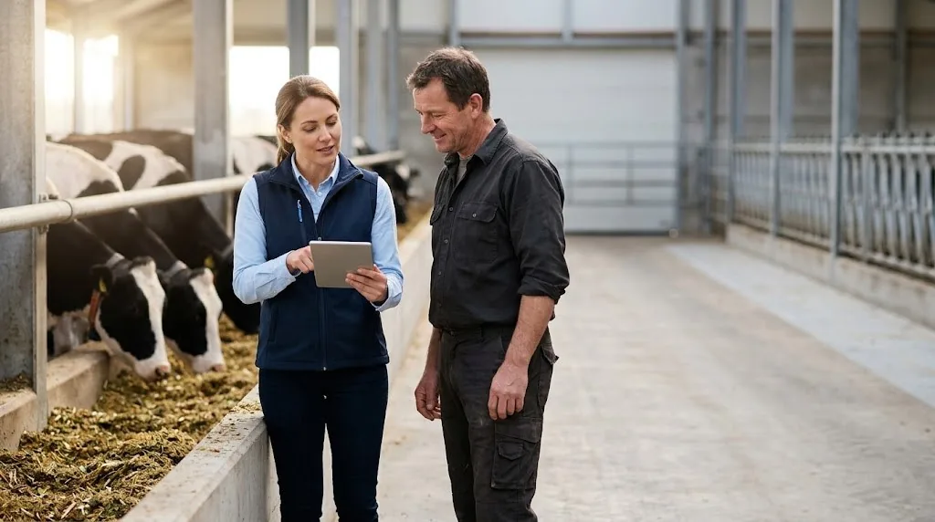 A nutritionist with a tablet talking with a dairy farmer beside the feed lane