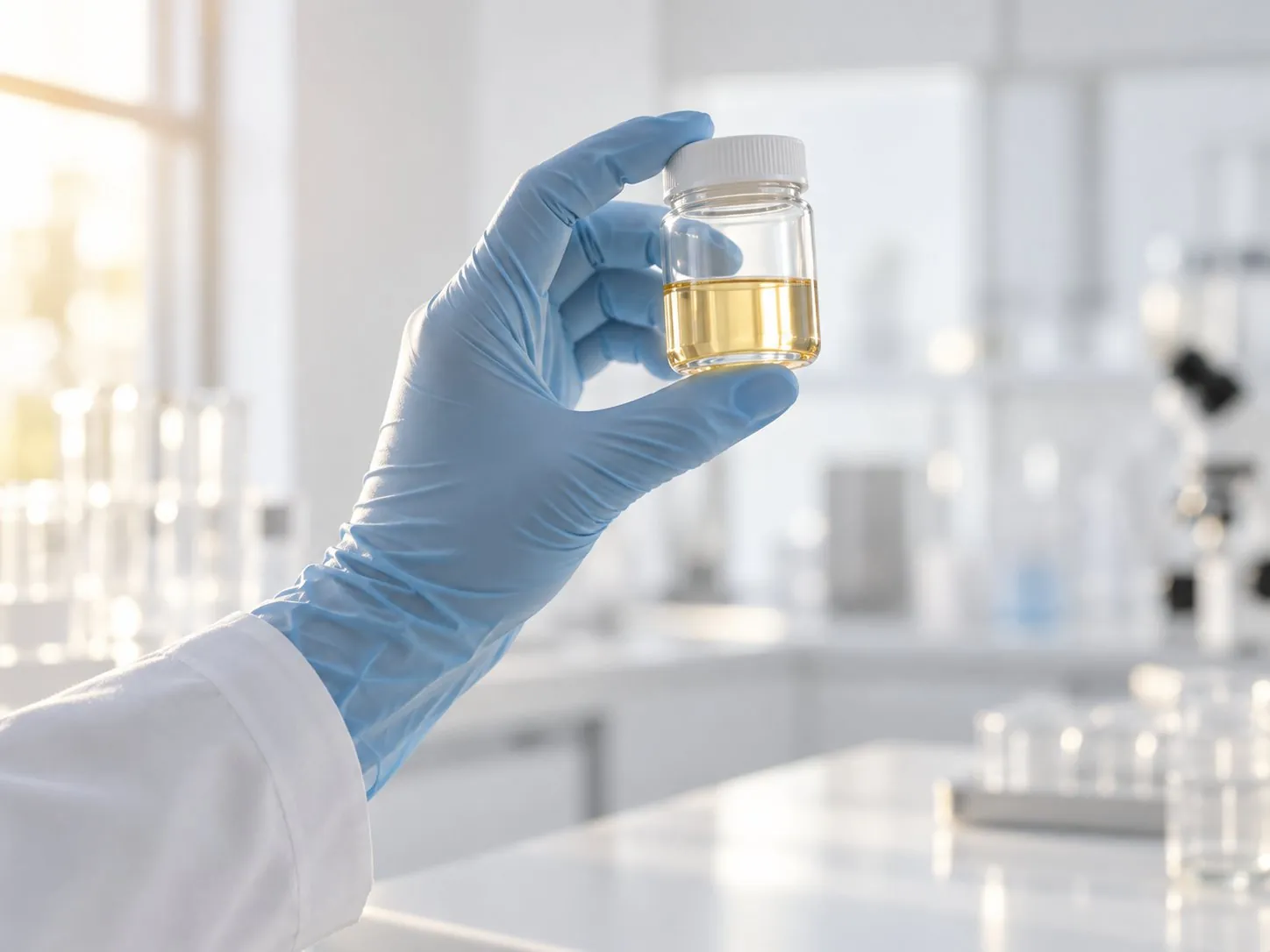A gloved hand holding a sample jar of pale golden oil up to the light in a laboratory