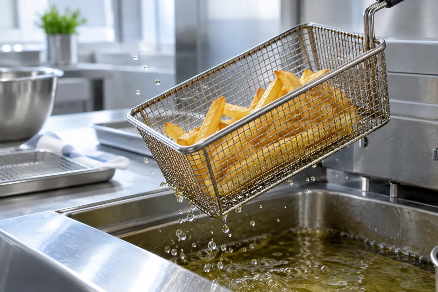 A basket of fries lifting from a commercial fryer