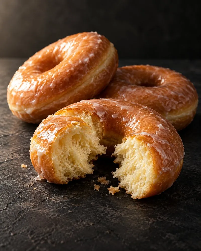Glazed doughnuts, one torn open to show a soft, airy crumb