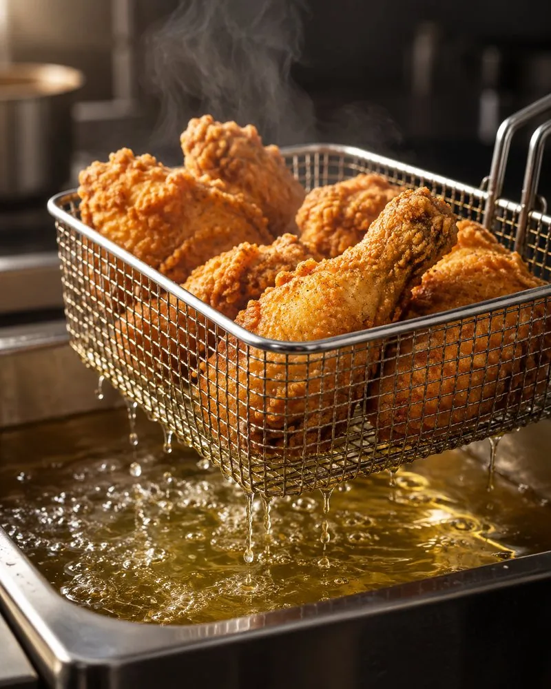 Golden fried chicken lifted from clean frying oil
