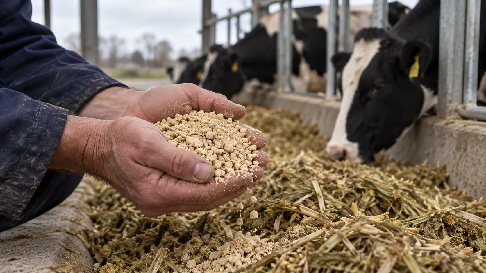 A farmer holding a handful of bypass fat granules over the feed bunk as Holstein cows eat