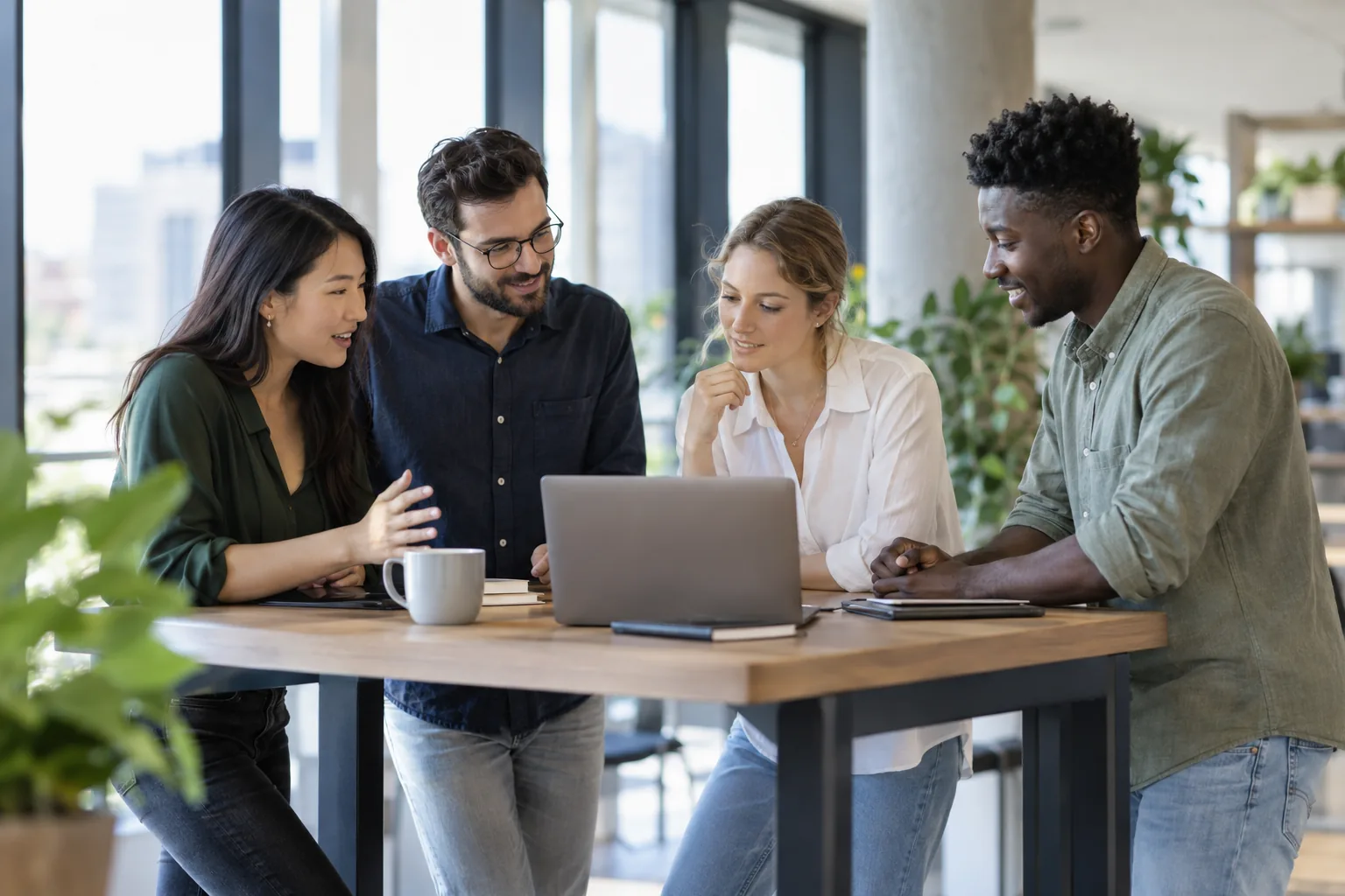 A small team discussing results together