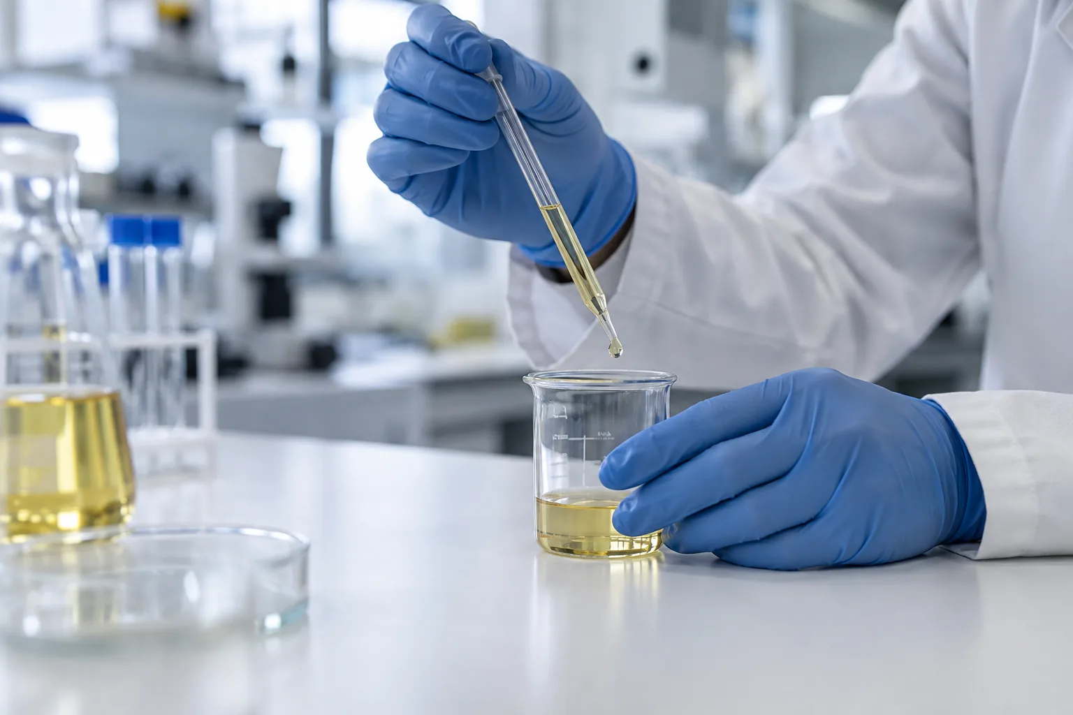 Adding an oil sample to a beaker in the laboratory