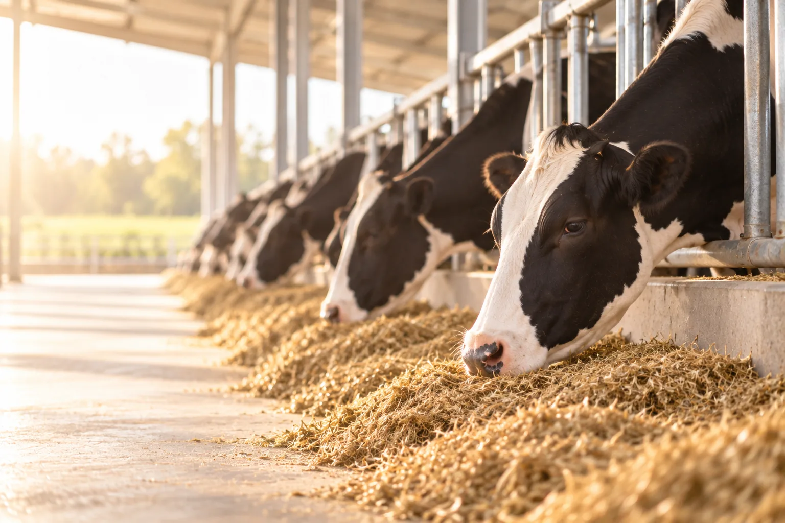 Holstein cows eating side by side along a clean feed lane in morning light