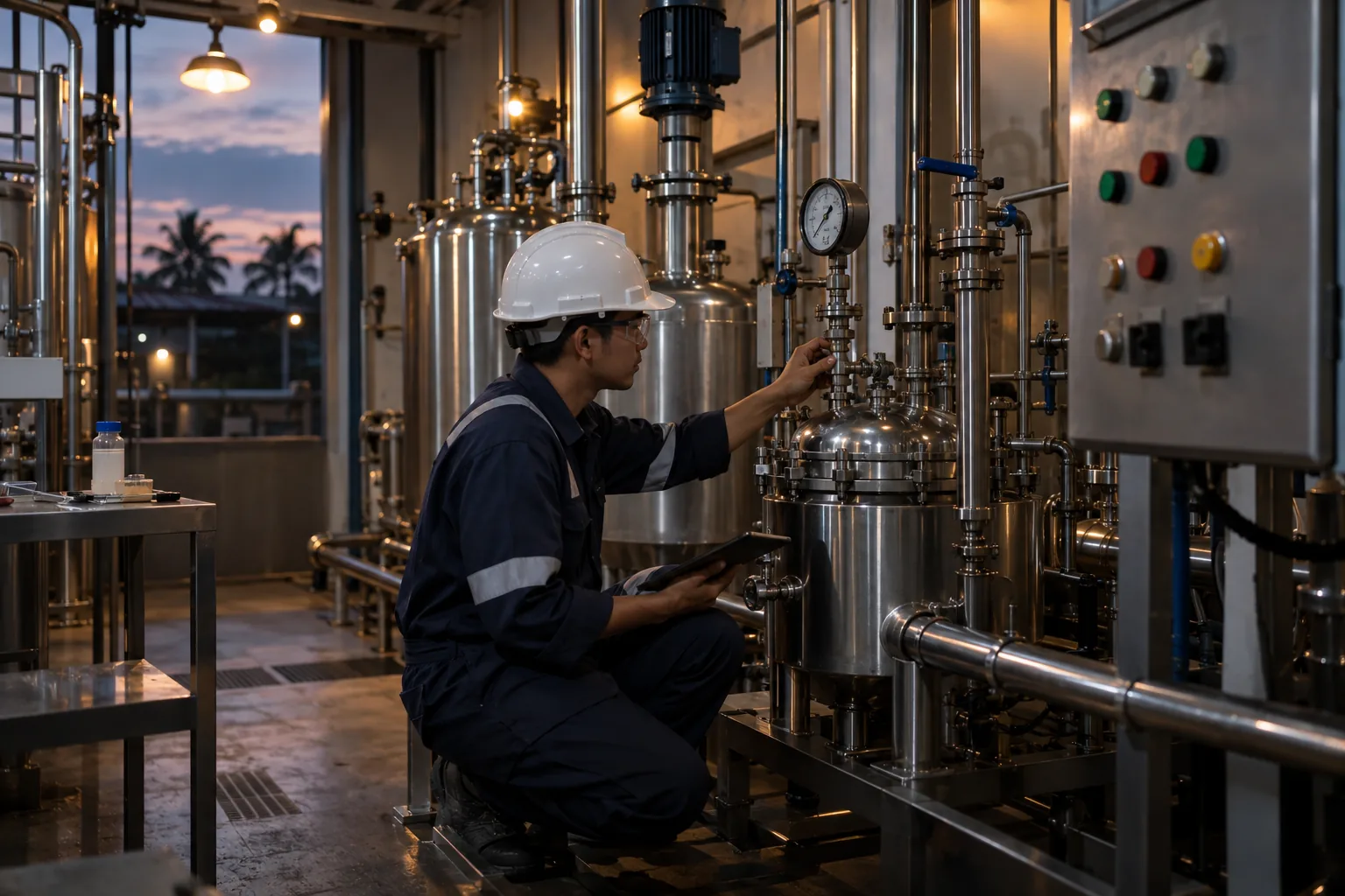 An engineer checking a gauge in a pilot processing unit