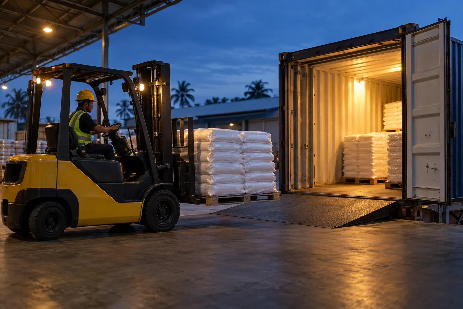 A forklift loading white bags into a container at dusk