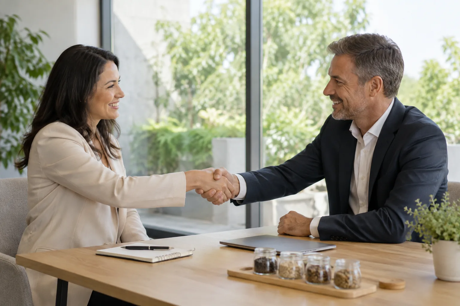 Two business partners shaking hands across a table
