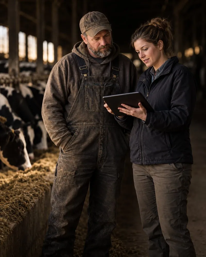A nutritionist and farmer reviewing results at the feed bunk
