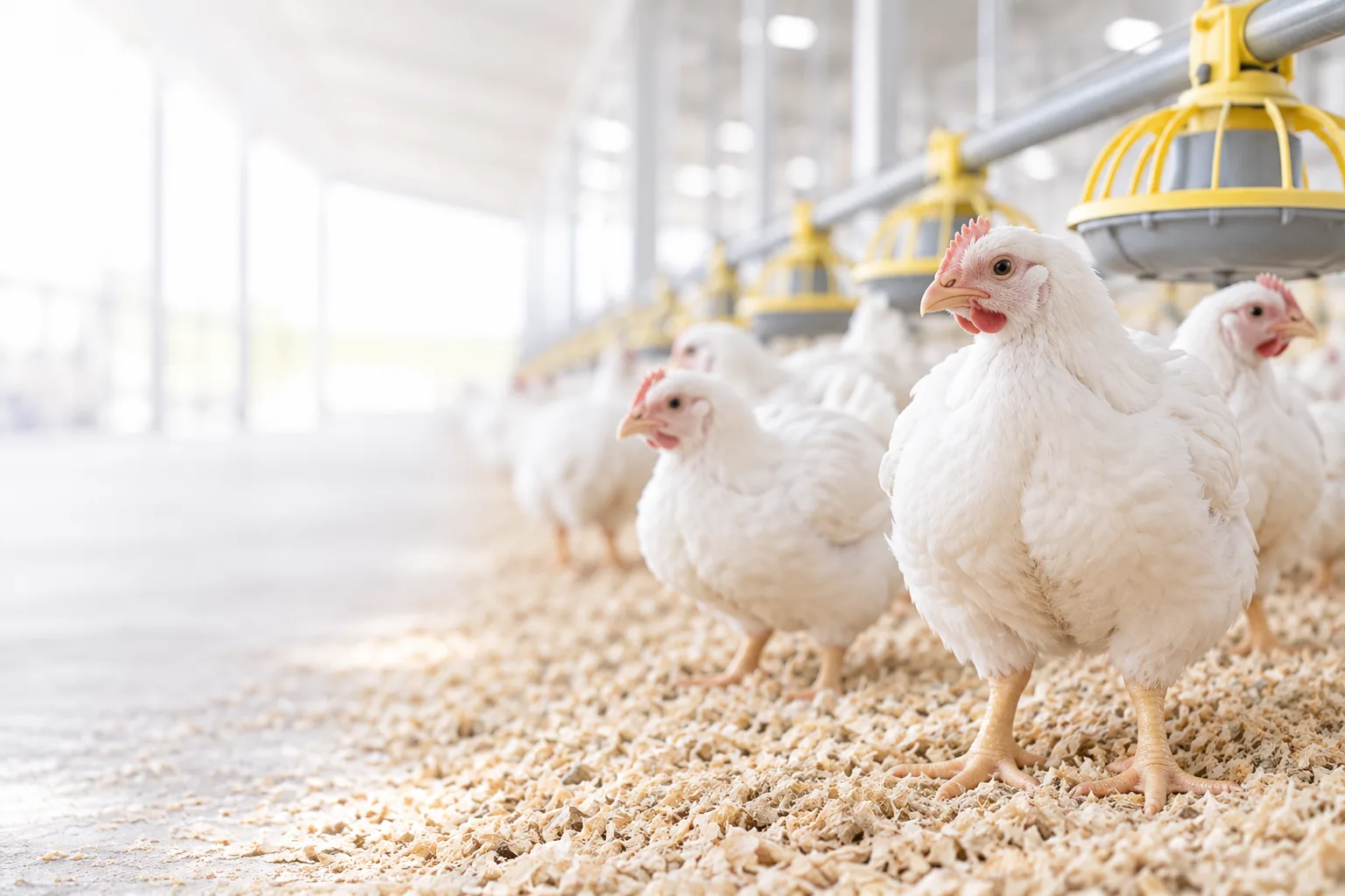 White broiler chickens on clean litter beside yellow pan feeders
