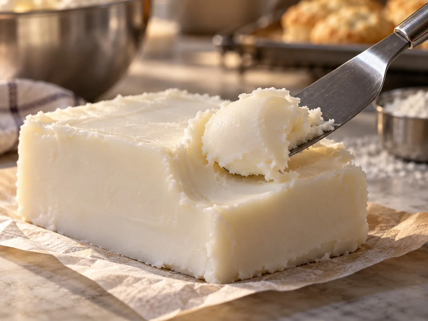 Pale ivory shortening being scooped with a metal spatula