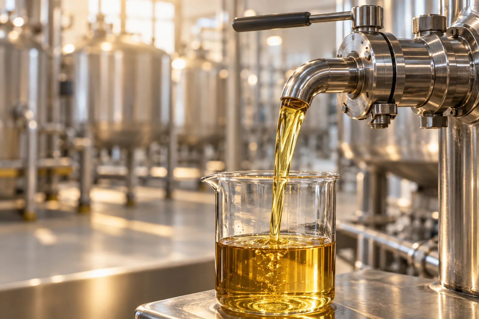 Golden fatty acid flowing into a glass beaker