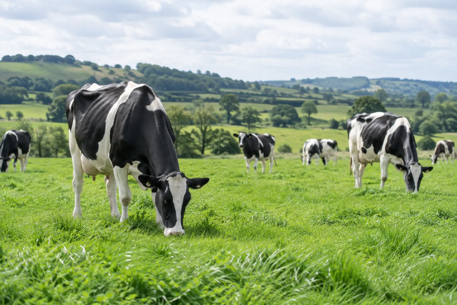 Holstein cows grazing on green pasture
