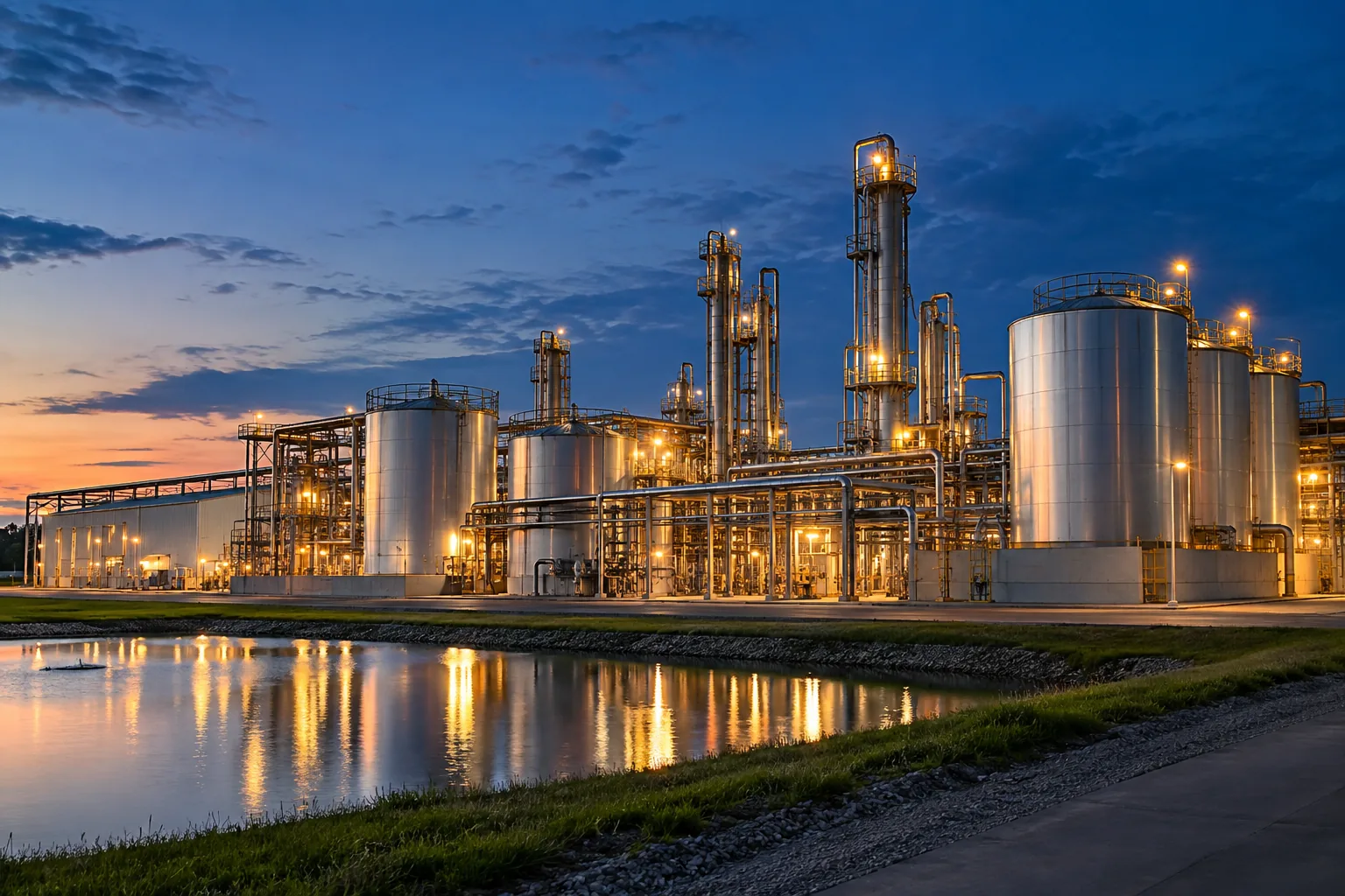 A processing plant lit up at dusk