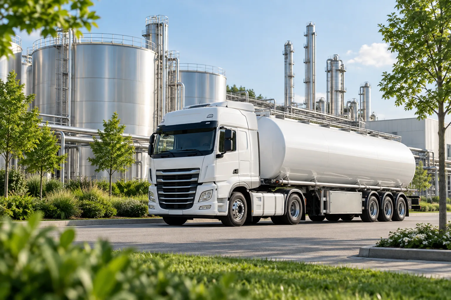 A white road tanker at a processing plant